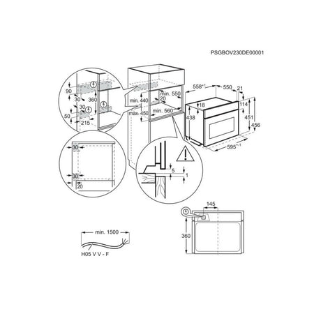AEG 6000 Series GK6NK401B Combi Quick Compact Built-in Combination Microwave Oven in Black from HomeWise Appliances. Graphic showing Dimensions.