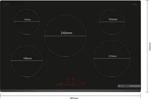 Bosch Series 6 PIV831HB1E 80cm 5-Zone Induction Hob in Black - Wi-Fi Enabled showing the dimensions of each burner zone.