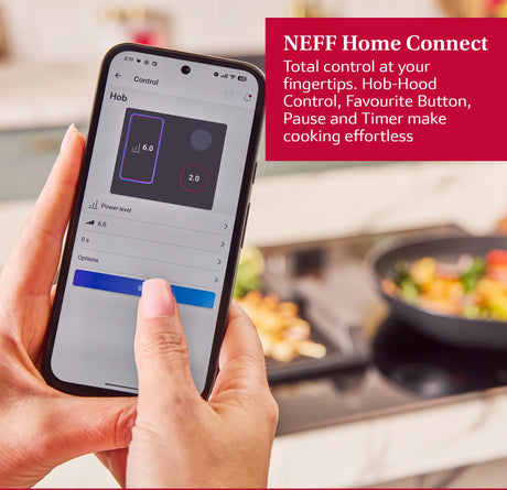 Neff T58FHW1L0 N70 80cm 5-Zone Induction Hob with Twist Touch® from HomeWise Appliances. Stock photo graphic showing Neff Home Connect. Total control at your fingertips. Hob-Hood Control, Favourite Button, Pause and Timer make cooking effortless.