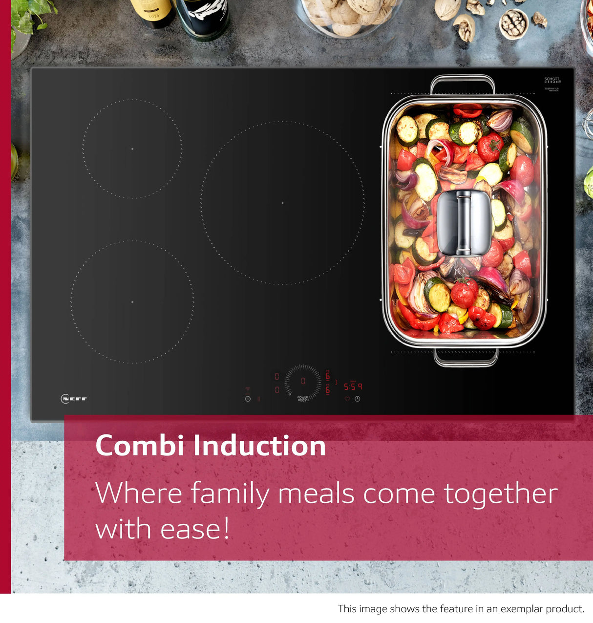 Neff T58FHW1L0 N70 80cm 5-Zone Induction Hob with Twist Touch® from HomeWise Appliances. Stock photo graphic showing Combi Induction. Where family meals come together with ease.