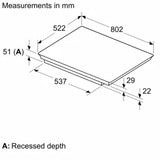 Bosch Series 6 PIV831HB1E 80cm 5-Zone Induction Hob in Black - Wi-Fi Enabled showing dimensions for the worktop cut out.