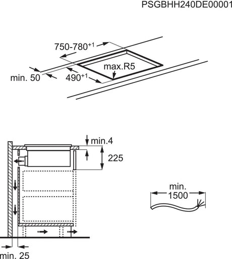 AEG Series 6000 TH84CB03FB 81cm Induction Hob with Venting Extraction in Black - A+ Rated - HW181702-03 from HomeWise Appliances. Stock Photo showing installation dimensions.