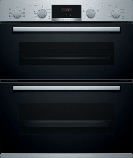 Bosch Series 4 NBS533BS0B Electric Built-Under Electric Double Oven in Stainless Steel from HomeWise Appliances. Stock photo showing front of the oven with red led display illuminated.