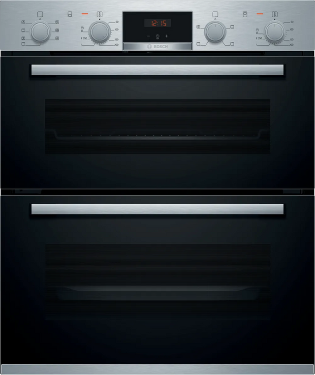 Bosch Series 4 NBS533BS0B Electric Built-Under Electric Double Oven in Stainless Steel from HomeWise Appliances. Stock photo showing front of the oven with red led display illuminated.