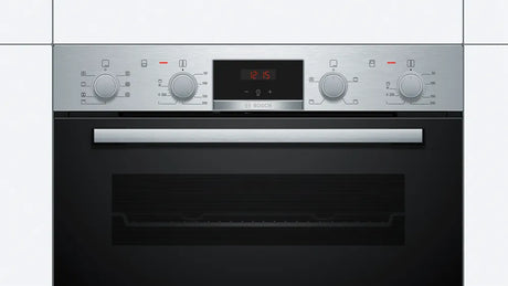 Bosch Series 4 NBS533BS0B Electric Built-Under Electric Double Oven in Stainless Steel from HomeWise Appliances. Stock photo showing control panel with dial knobs and clock display.