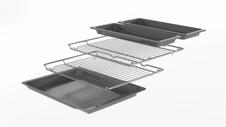 Bosch Series 4 NBS533BS0B Electric Built-Under Electric Double Oven in Stainless Steel from HomeWise Appliances. Stock photo showing internal furniture of trays and wire racks.