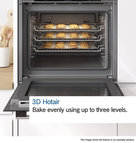Bosch Series 4 NBS533BS0B Electric Built-Under Electric Double Oven in Stainless Steel from HomeWise Appliances. Stock photo showing graphic for 3D Hotair which allows you to bake evenly using up to three levels