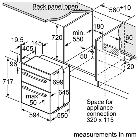 Bosch Series 4 NBS533BS0B Electric Built-Under Electric Double Oven in Stainless Steel from HomeWise Appliances. Stock photo showing graphic for installation and all measurements.