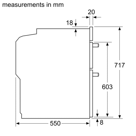 Bosch Series 4 NBS533BS0B Electric Built-Under Electric Double Oven in Stainless Steel from HomeWise Appliances. Stock photo showing graphic for side profile measurements of the oven.
