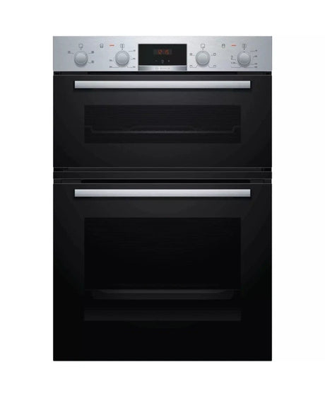 Bosch Series 2 MHA133BR0B (79) Built In Electric Double Oven in Stainless Steel from HomeWise Appliances. Stock photo showing front of oven with doors closed.