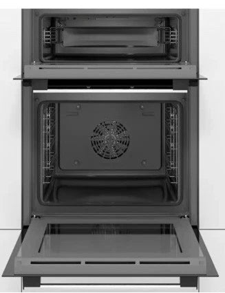 Bosch Series 2 MHA133BR0B (79) Built In Electric Double Oven in Stainless Steel from HomeWise Appliances. Stock photo showing fan assisted main oven with telescopic rails.