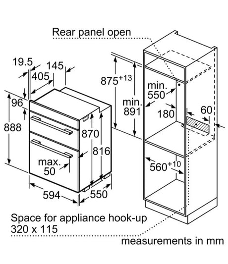 Bosch Series 2 MHA133BR0B (79) Built In Electric Double Oven in Stainless Steel from HomeWise Appliances. Stock photo showing diagram for installation including all measurements.