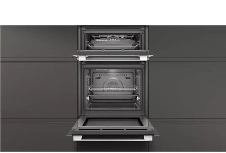 Neff N50 U1ACE2HN0B (10) Built-In Electric Double Oven in Stainless Steel - A Rated from HomeWise Appliances stock photo artist impression with doors open showing the grill and fan assisted main cavity