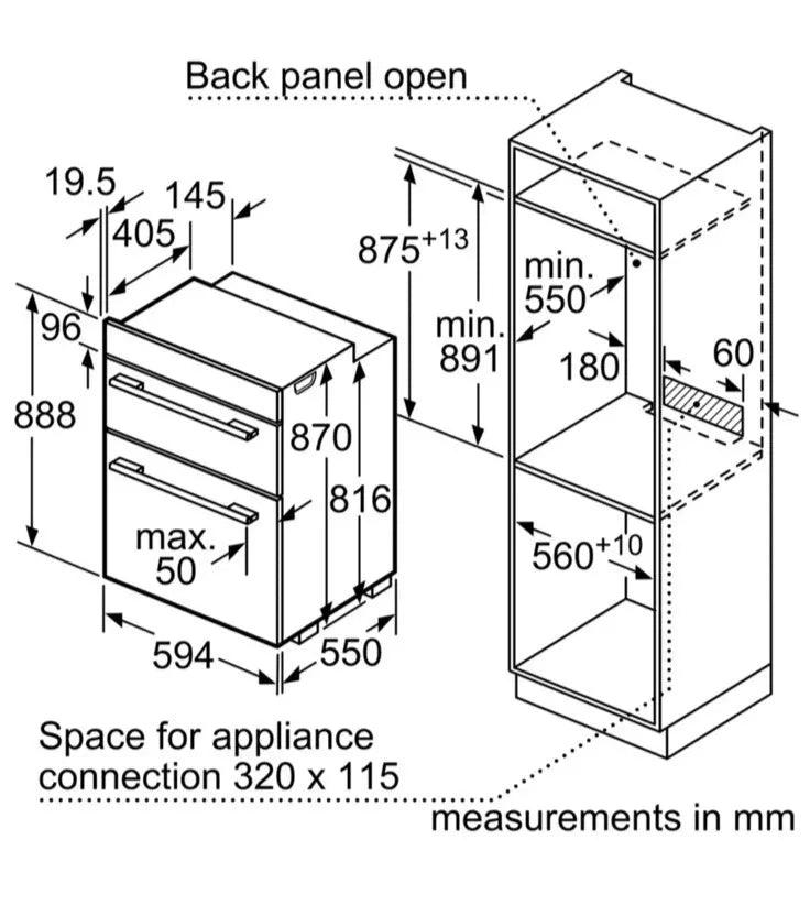 Neff N50 U1ACE2HN0B (10) Built-In Electric Double Oven in Stainless Steel - A Rated from HomeWise Appliances Graphic showing installation diagram with measurements